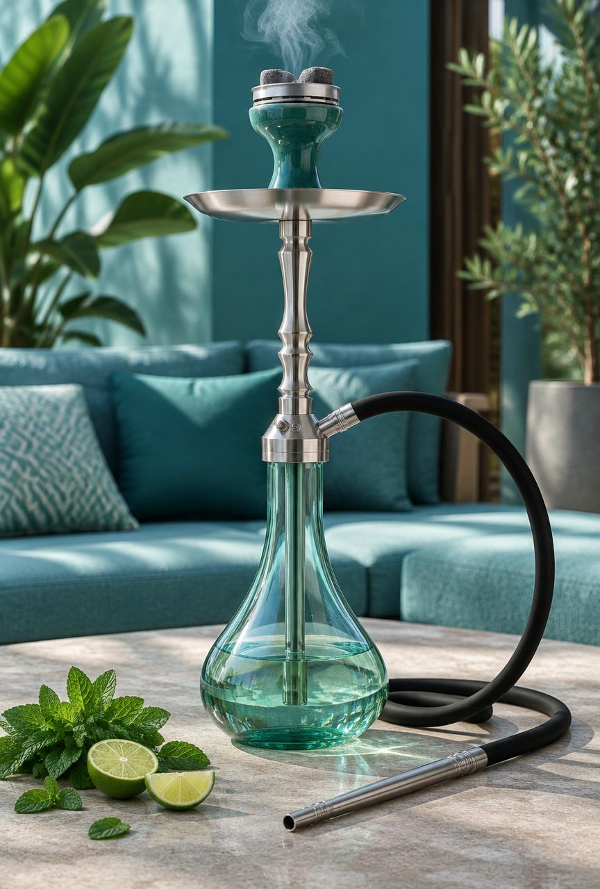 Complete silver hookah with sea-green glass, fresh mint and lime