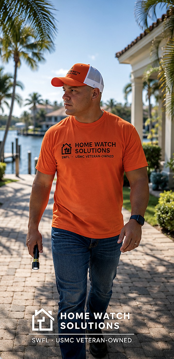 Home watch inspector walking the exterior of a Southwest Florida luxury home at golden hour