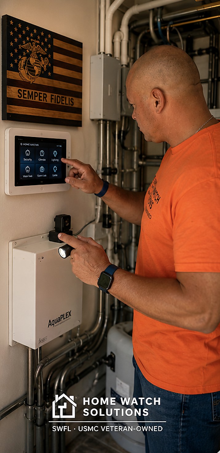 Steven inspecting HVAC and plumbing systems with a flashlight during a Home Watch visit